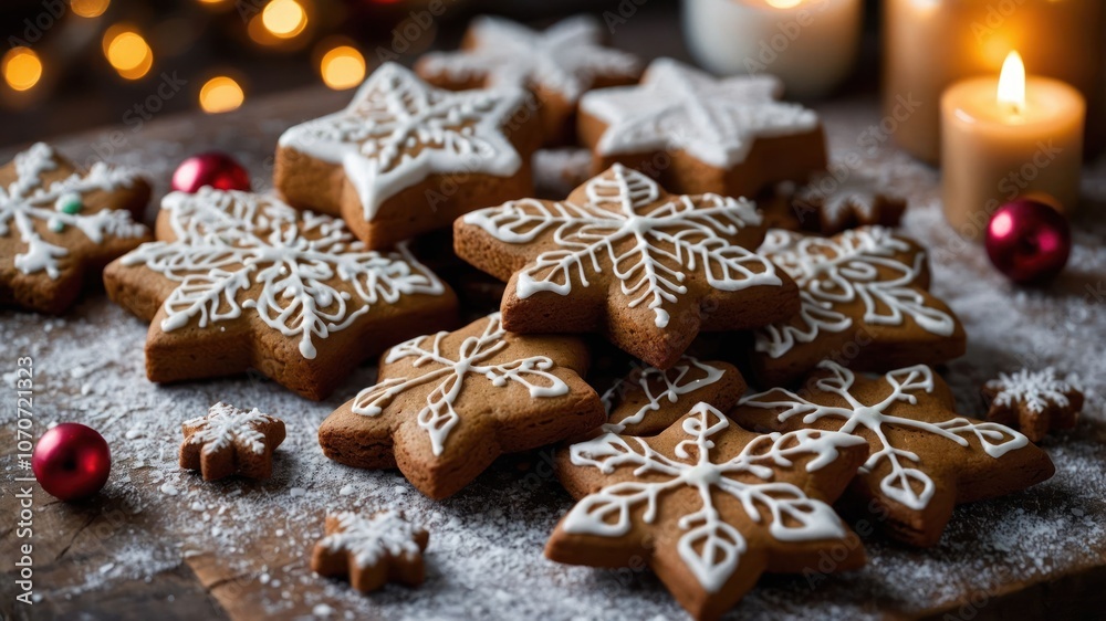 Festively decorated gingerbread cookies in star and snowflake shapes, surrounded by candles. Festively decorated gingerbread cookies in star and snowflake shapes, surrounded by candles.