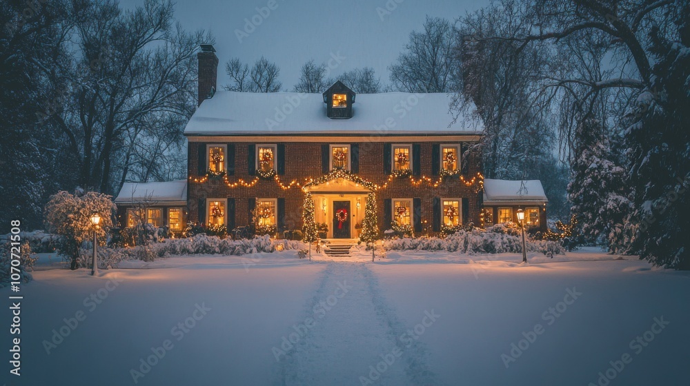 Obraz premium A snow-covered brick house with Christmas lights and decorations