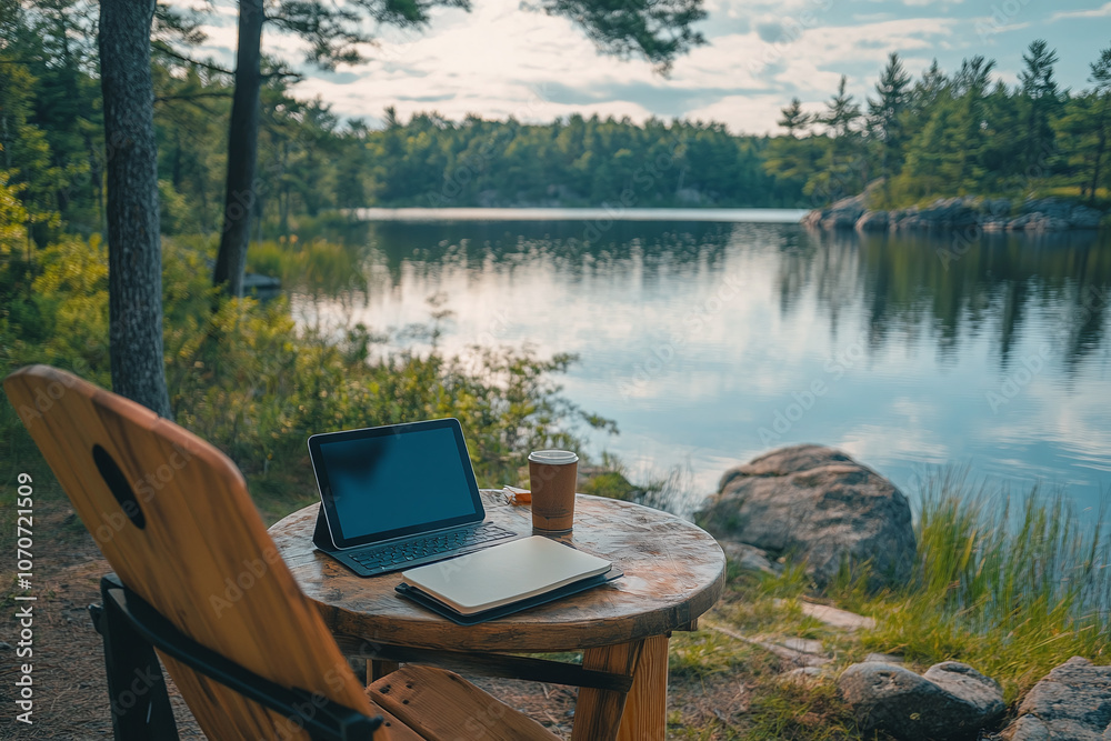 Fototapeta premium a tablet and notebook on a table near a quiet, serene lake.