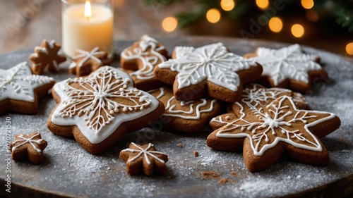 A festive display of decorated gingerbread cookies on a wooden platter with a candle.