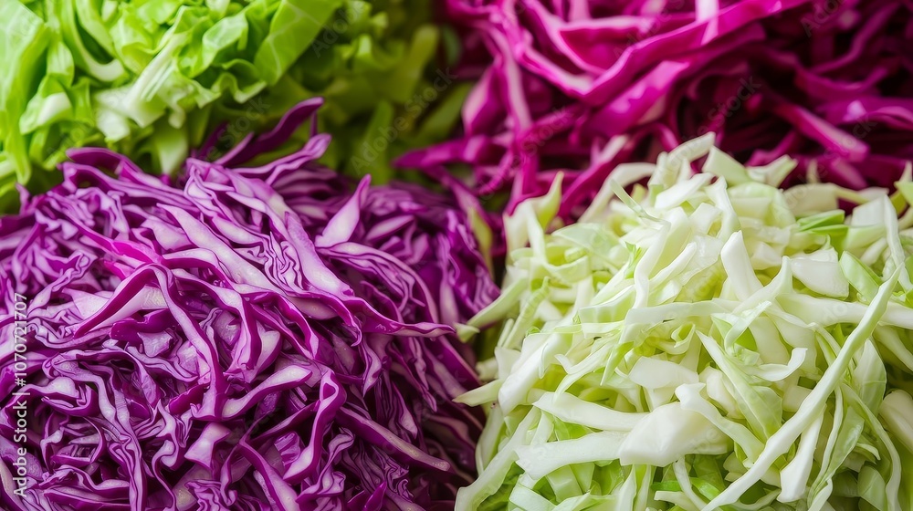 Closeup of freshly shredded cabbage in vibrant purple and green, ready for coleslaw, bright kitchen background, culinary freshness concept Closeup of freshly shredded cabbage in vibrant purple and green, ready for coleslaw, bright kitchen background, culinary freshness concept