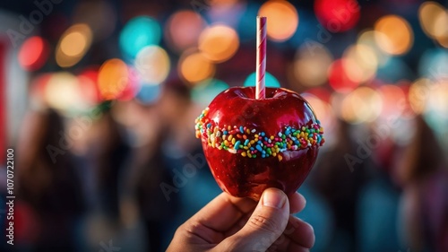 A hand holding a shiny red candy apple with colorful sprinkles against a blurred festive background.