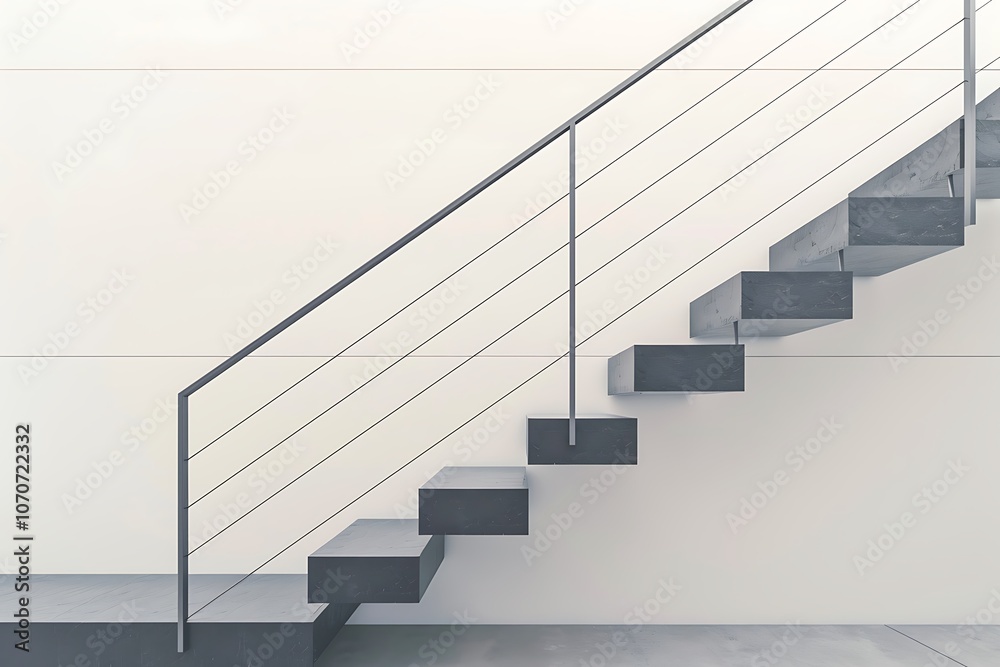 A minimalist staircase with black metal steps, cable railings, and a white backdrop