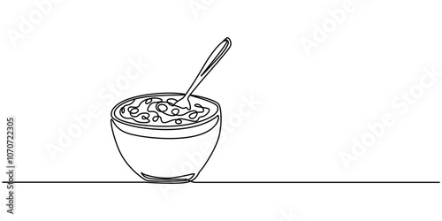 Single continuous line drawing of stylized bowl of cereal breakfast with fresh milk. Healthy whole wheat food concept. Cereal bowl in one line drawing. Breakfast with milk, healthy food concept.