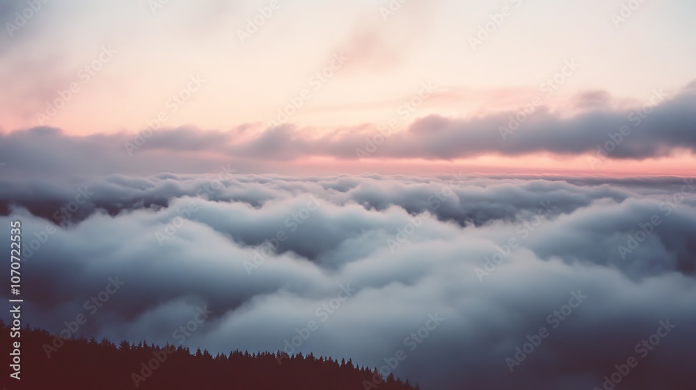 A breathtaking view of clouds rolling over the forest during sunset in a tranquil sky A breathtaking view of clouds rolling over the forest during sunset in a tranquil sky