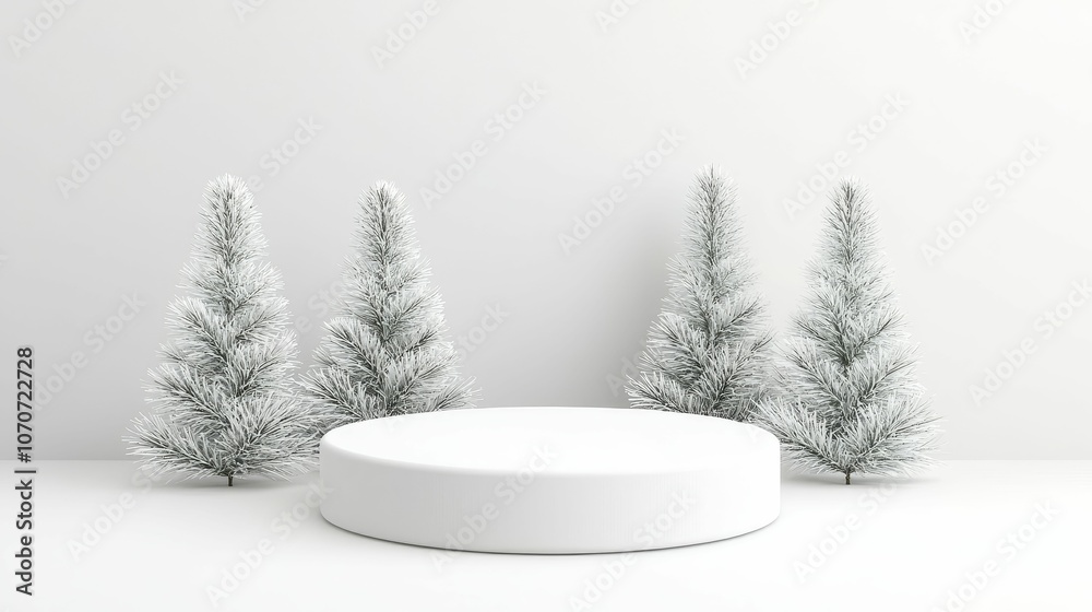 Fototapeta premium A minimalist winter scene featuring a white platform surrounded by frosted evergreen trees against a simple white background.