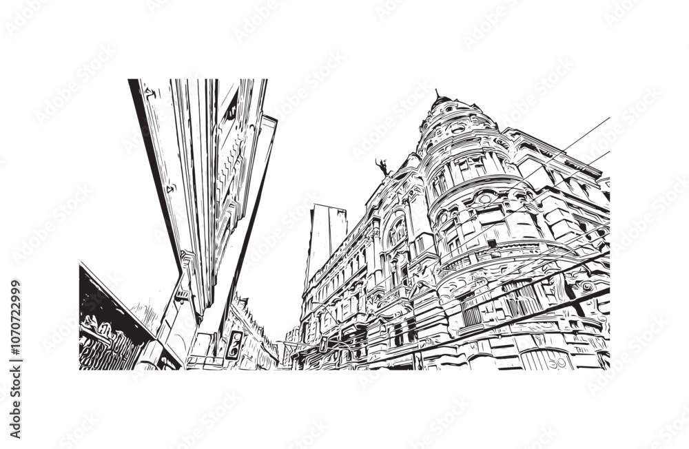 Print Building view with landmark of Valparaiso is a city in United States. Watercolor splash with hand drawn sketch illustration in vector.