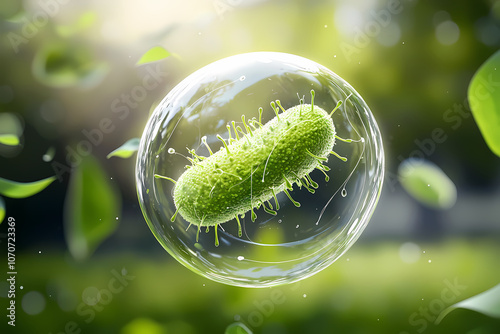 glowing green bacteria inside bubble surrounded by leaves and light photo