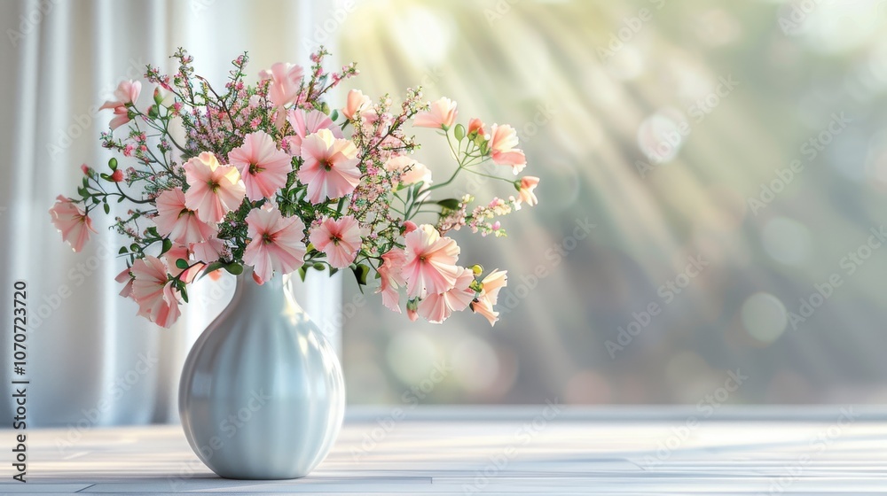3D render of a delicate flower vase with pastel blooms, set against a pale background, capturing soft and serene tones 3D render of a delicate flower vase with pastel blooms, set against a pale background, capturing soft and serene tones