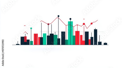 Candlestick stock market chart, green and red, more red, high fluctuation, simple, minimalism white background