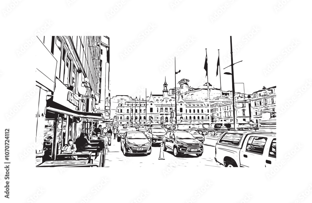 Print Building view with landmark of Valparaiso is a city in United States. Watercolor splash with hand drawn sketch illustration in vector.