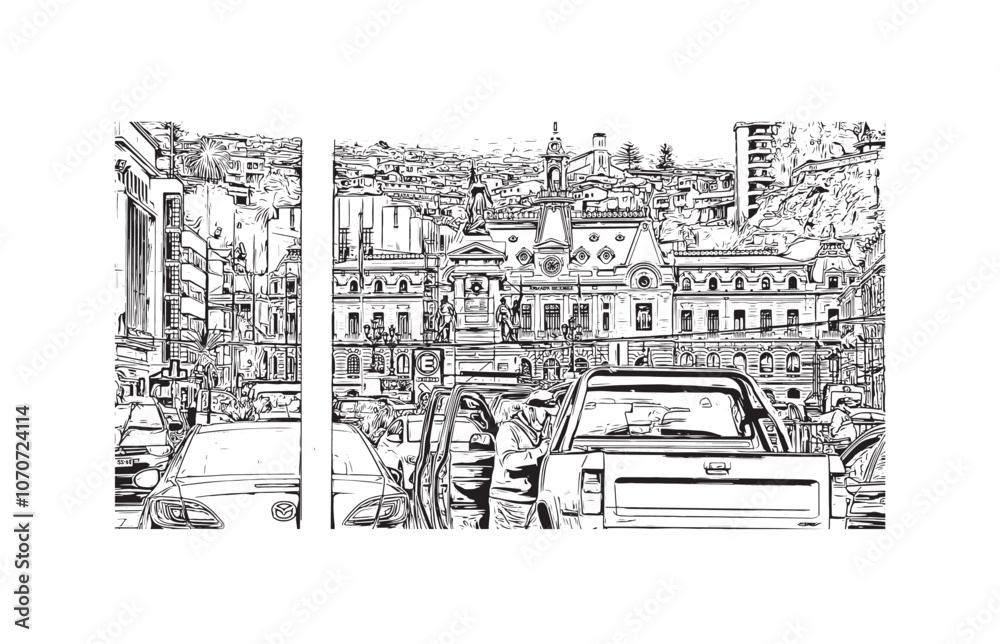 Print Building view with landmark of Valparaiso is a city in United States. Watercolor splash with hand drawn sketch illustration in vector.