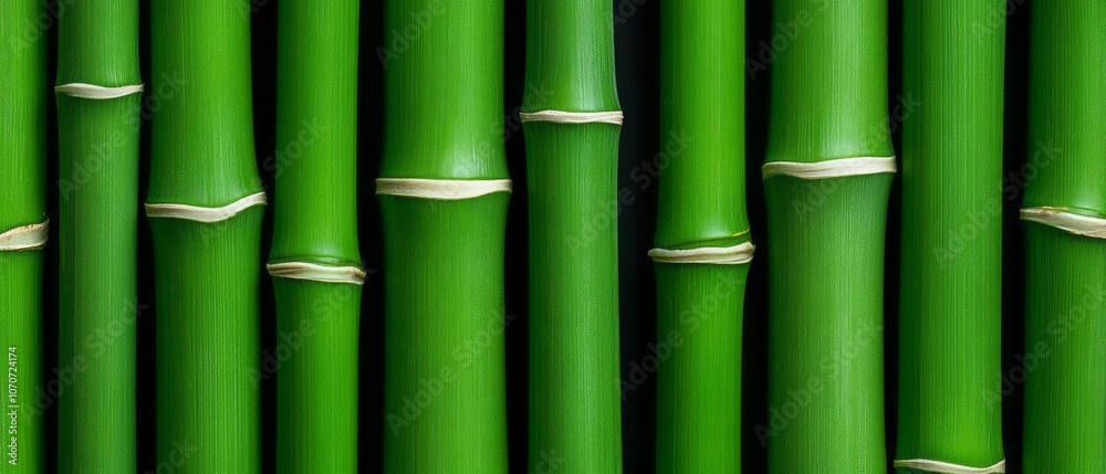 Fresh green bamboo stalks arranged neatly against a dark background