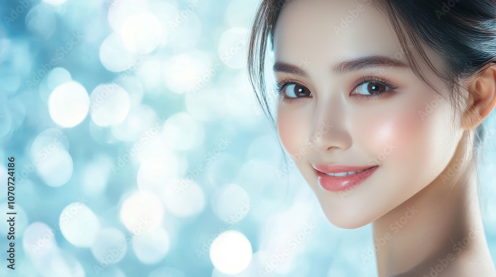 A young, glowing Thai woman with natural makeup, smiling brightly with brown eyes, framed by a soft blue background, ideal for skincare or cosmetic messaging. A young, glowing Thai woman with natural makeup, smiling brightly with brown eyes, framed by a soft blue background, ideal for skincare or cosmetic messaging.