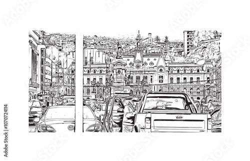 Obraz na płótnie Print Building view with landmark of Valparaiso is a city in United States. Watercolor splash with hand drawn sketch illustration in vector. w salonie