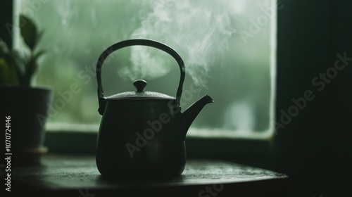 Close-up of tea kettle whistling with steam on a rainy day for cozy kitchen decor photo