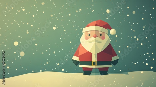 geometric Santa Claus with clean lines and a limited color palette of red green and gold set against a subtle snowy gradient