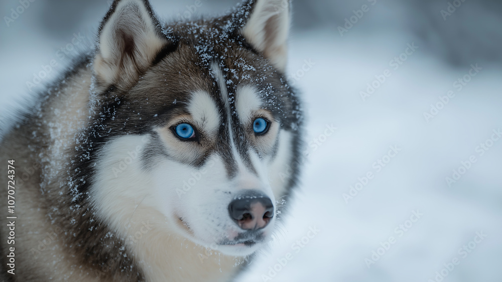 A Siberian Husky in a snowy landscape with its piercing blue eyes and thick fur perfectly contrasting the snow A Siberian Husky in a snowy landscape with its piercing blue eyes and thick fur perfectly contrasting the snow