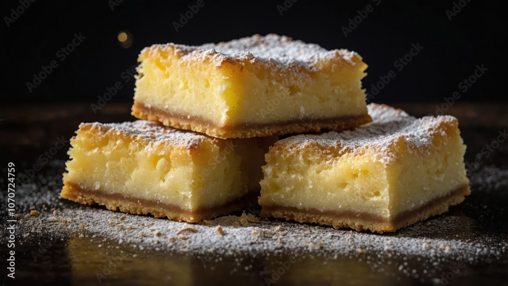 Three stacked squares of creamy dessert dusted with powdered sugar on a dark background. Three stacked squares of creamy dessert dusted with powdered sugar on a dark background.