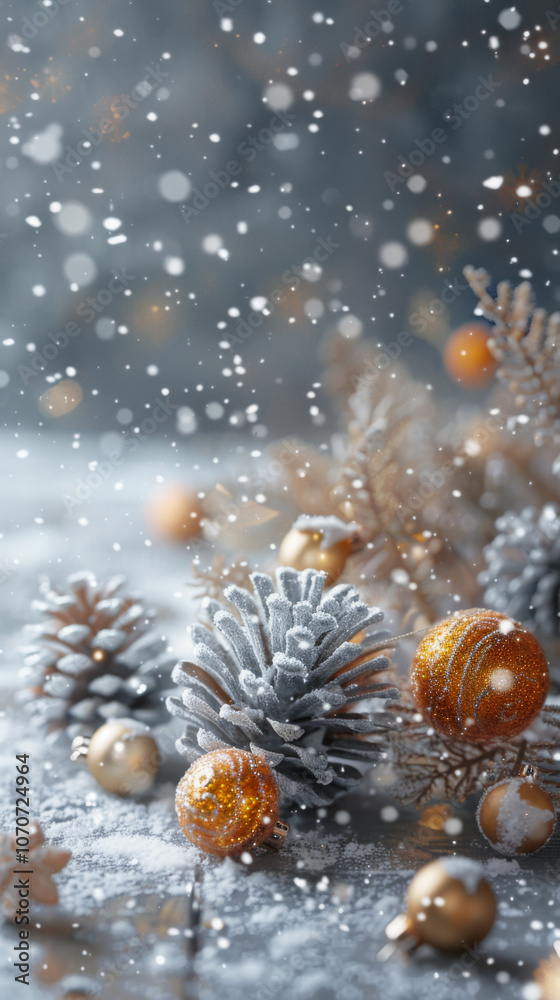 Christmas postcard with ornaments, Christmas tree in snow against blurred background Christmas postcard with ornaments, Christmas tree in snow against blurred background