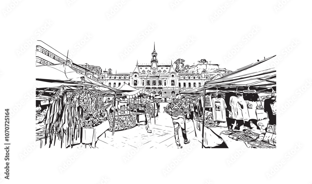 Print Building view with landmark of Valparaiso is a city in United States. Watercolor splash with hand drawn sketch illustration in vector.
