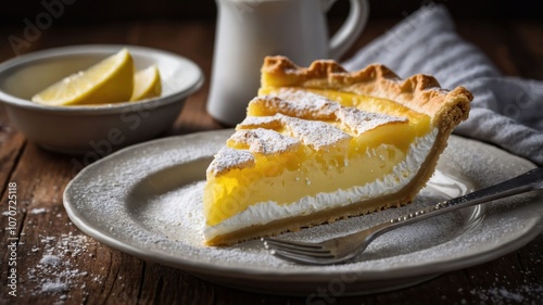 A slice of lemon pie topped with whipped cream, served with lemon wedges on a rustic table.