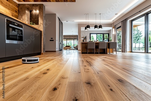 A modern kitchen and dining area featuring wooden floors, sleek appliances, and a robotic vacuum.