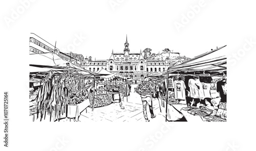 Obraz na płótnie Print Building view with landmark of Valparaiso is a city in United States. Watercolor splash with hand drawn sketch illustration in vector. w salonie