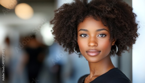 Young woman with curly hair poses confidently in a modern urban setting during daylight photo