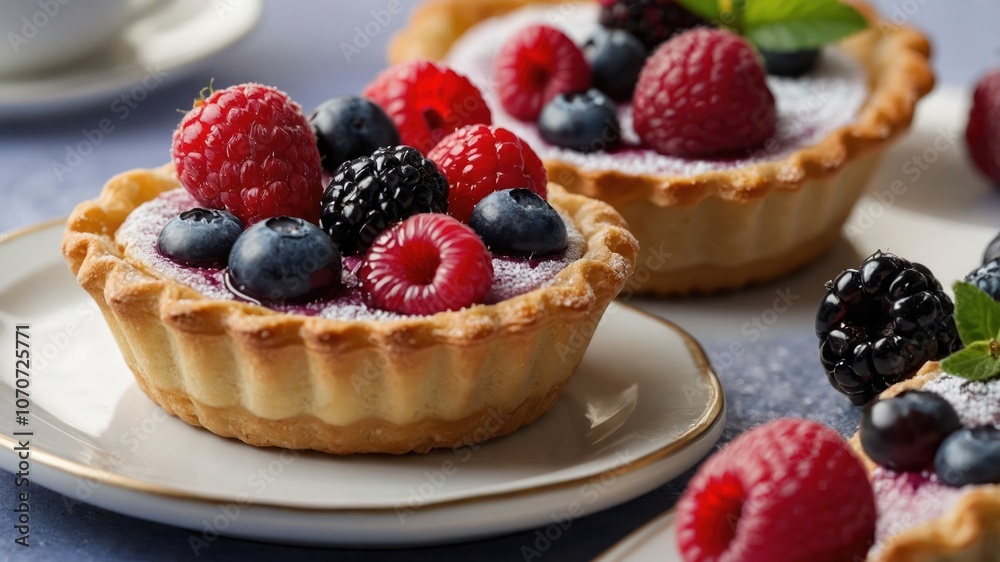 Delicious fruit tarts topped with berries and mint, perfect for dessert or a sweet treat. Delicious fruit tarts topped with berries and mint, perfect for dessert or a sweet treat.