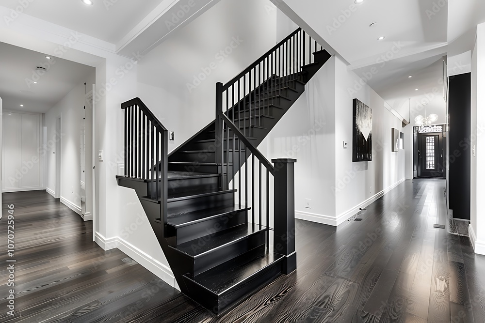 Fototapeta premium A sleek, all-black staircase with matte finish steps and railings, contrasting with white walls