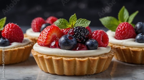 A close-up of delicious fruit tarts topped with fresh berries and mint leaves.