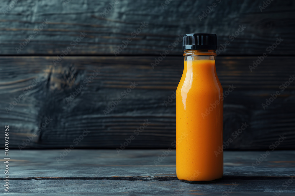 Freshly squeezed orange juice in a glass bottle on a rustic wooden table, perfect for a refreshing morning drink. Generative AI Freshly squeezed orange juice in a glass bottle on a rustic wooden table, perfect for a refreshing morning drink. Generative AI