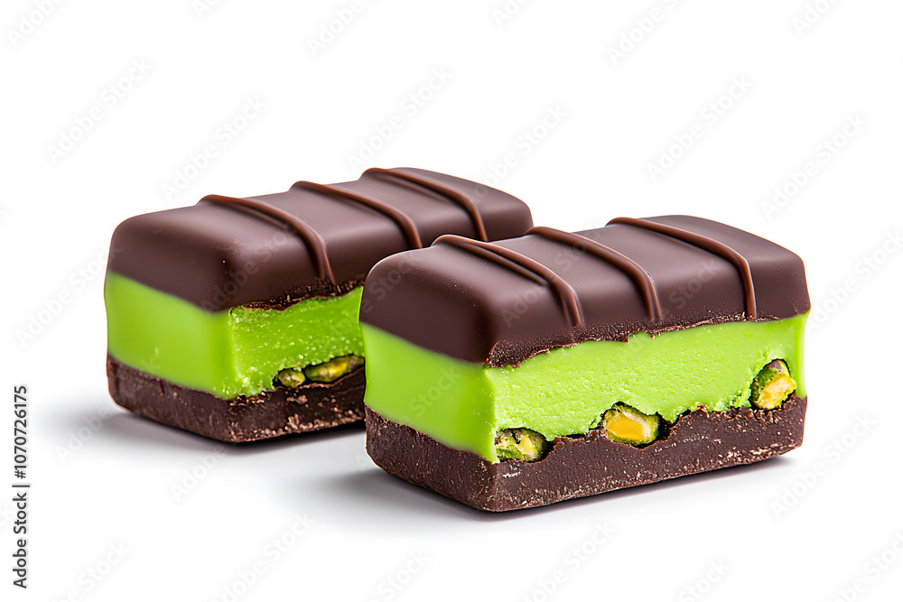Dubai chocolate. Chocolate bar with green pistachio pasta and crunchy kadayif isolated on white background. Dubai chocolate. Chocolate bar with green pistachio pasta and crunchy kadayif isolated on white background.