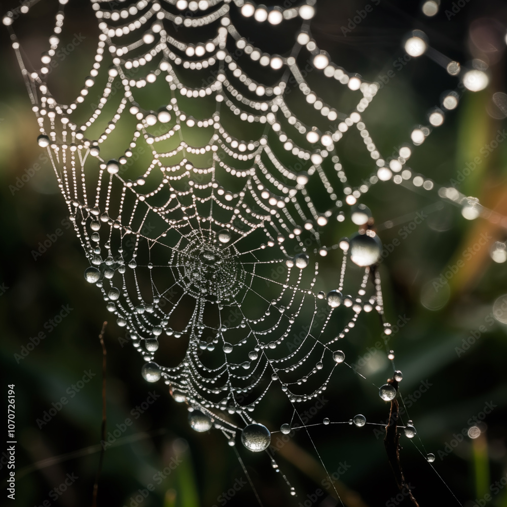 Macro photograph of a dew-covered spider web in the early morning, each droplet reflecting light, high detail Macro photograph of a dew-covered spider web in the early morning, each droplet reflecting light, high detail