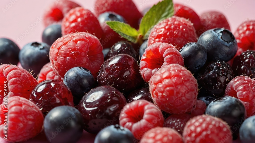 A vibrant assortment of raspberries, blueberries, and blackberries with a mint leaf.