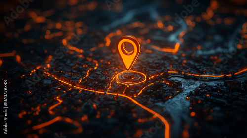 glowing location pin on an interactive digital map, symbolizing precision, connectivity, and navigation in modern technology. The vibrant display highlights data-driven exploration and spatial awarene