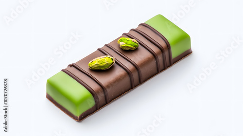 Dubai chocolate. Chocolate bar with green pistachio pasta and crunchy kadayif isolated on white background. photo