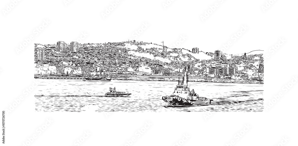 Print Building view with landmark of Valparaiso is a city in United States. Watercolor splash with hand drawn sketch illustration in vector.
