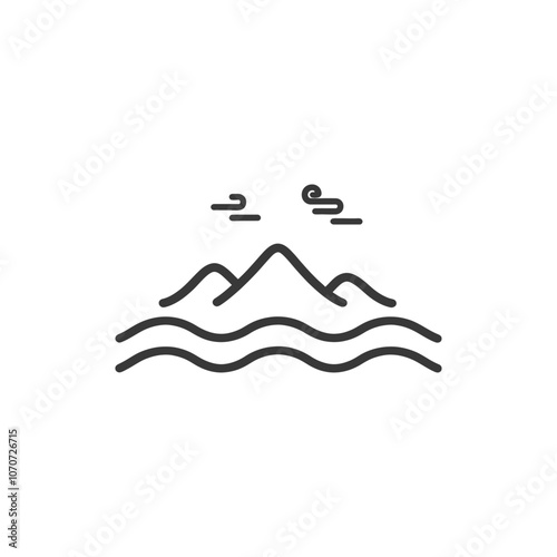 Simple Line Drawing of a Mountain Range and Water with Clouds