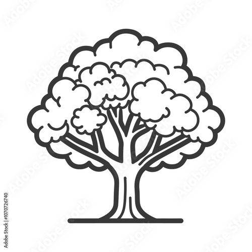 Simple Line Art Illustration of a Tree with a Thick Trunk and Rounded Foliage