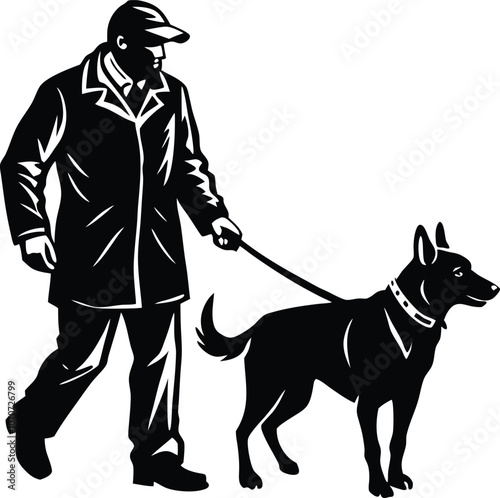 man walking with dog silhouette  vector illustration black and white