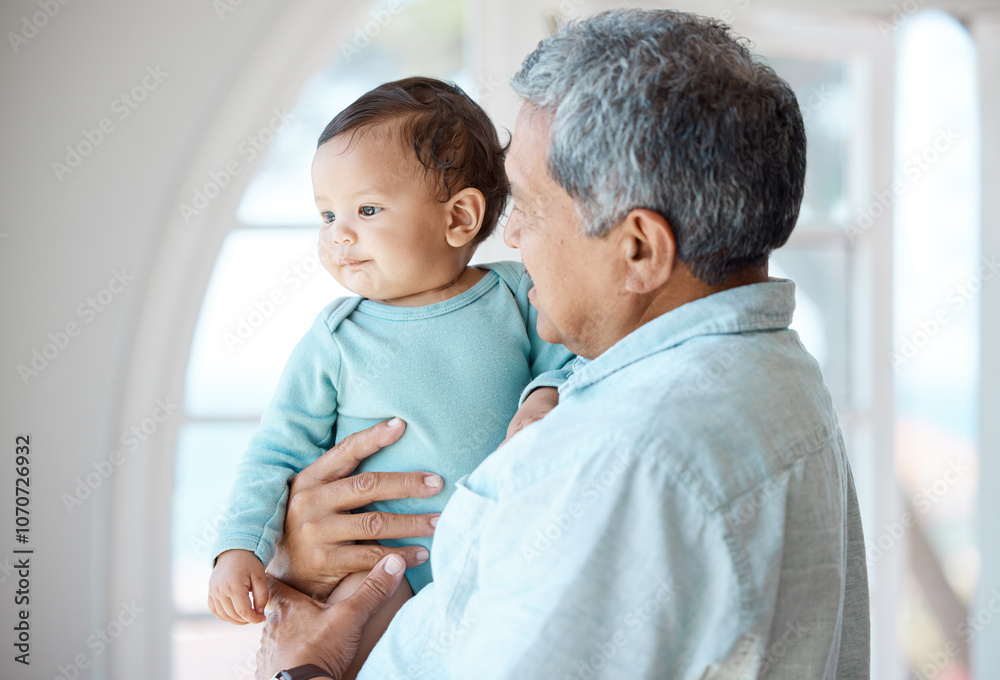 Fototapeta premium Love, bonding and grandfather with baby in living room for wellness, hug and development in home. Relax, happy and proud senior man in retirement with joy, family or care for childcare, kid and boy