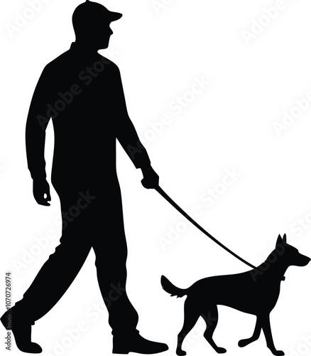 man walking with dog silhouette  vector illustration black and white