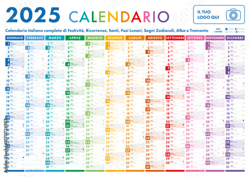 2025 Calendar - illustration. Template. Mock up. Italian version with Saints, Holidays, Lunar Phases and Zodiac Signs