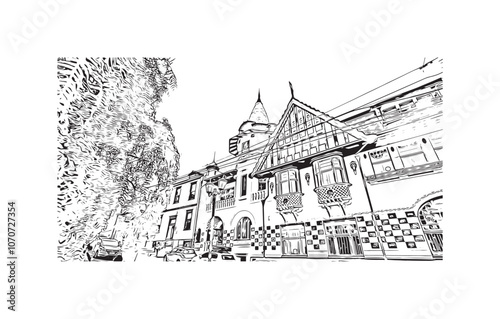 Obraz na płótnie Print Building view with landmark of Valparaiso is a city in United States. Watercolor splash with hand drawn sketch illustration in vector. w salonie