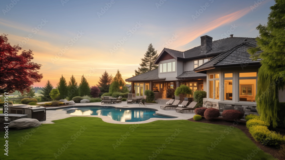 Newly Built Beautiful House With a Swimming Pool at Sunset or Sunrise Newly Built Beautiful House With a Swimming Pool at Sunset or Sunrise