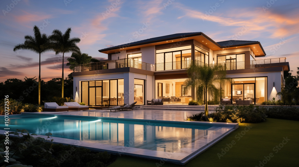 Fototapeta premium Newly Built Beautiful House With a Swimming Pool at Sunset or Sunrise