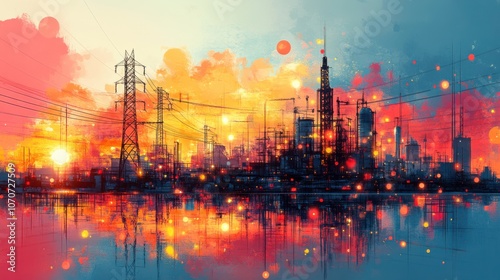 Abstract Substation Illustration with Muted Tones