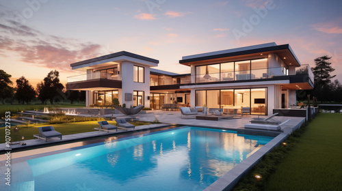 Newly Built Beautiful House With a Swimming Pool at Sunset or Sunrise